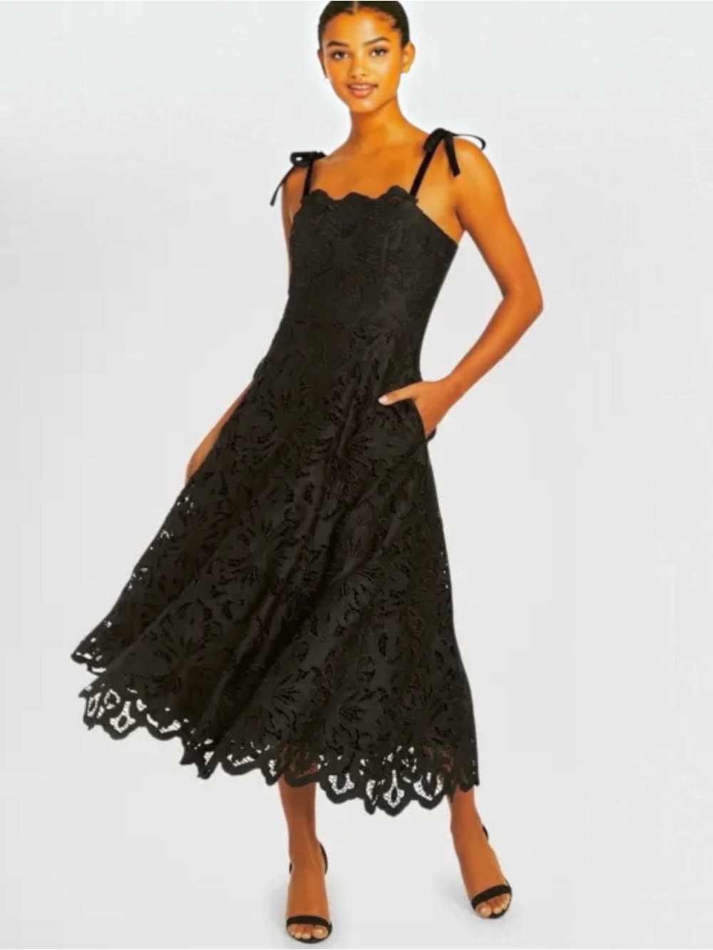 Mestiza New York Cataleya Women’s Scalloped Black Lace Cocktail Midi Dress NEW